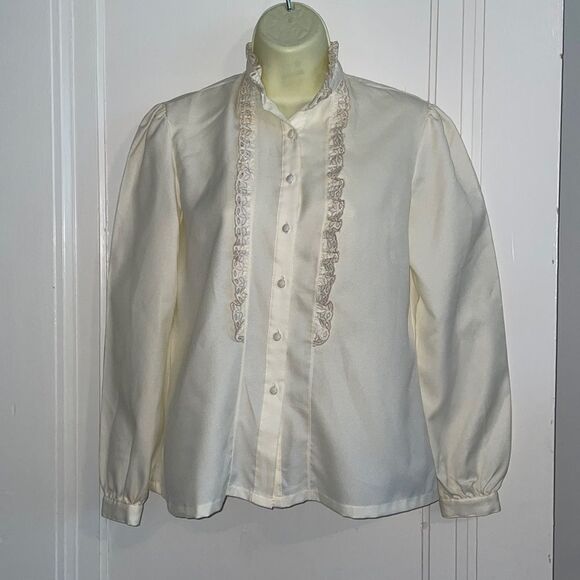 Vtg 70s C.E.O. Petites cream colored high necked polyester blouse - Picture 1 of 9